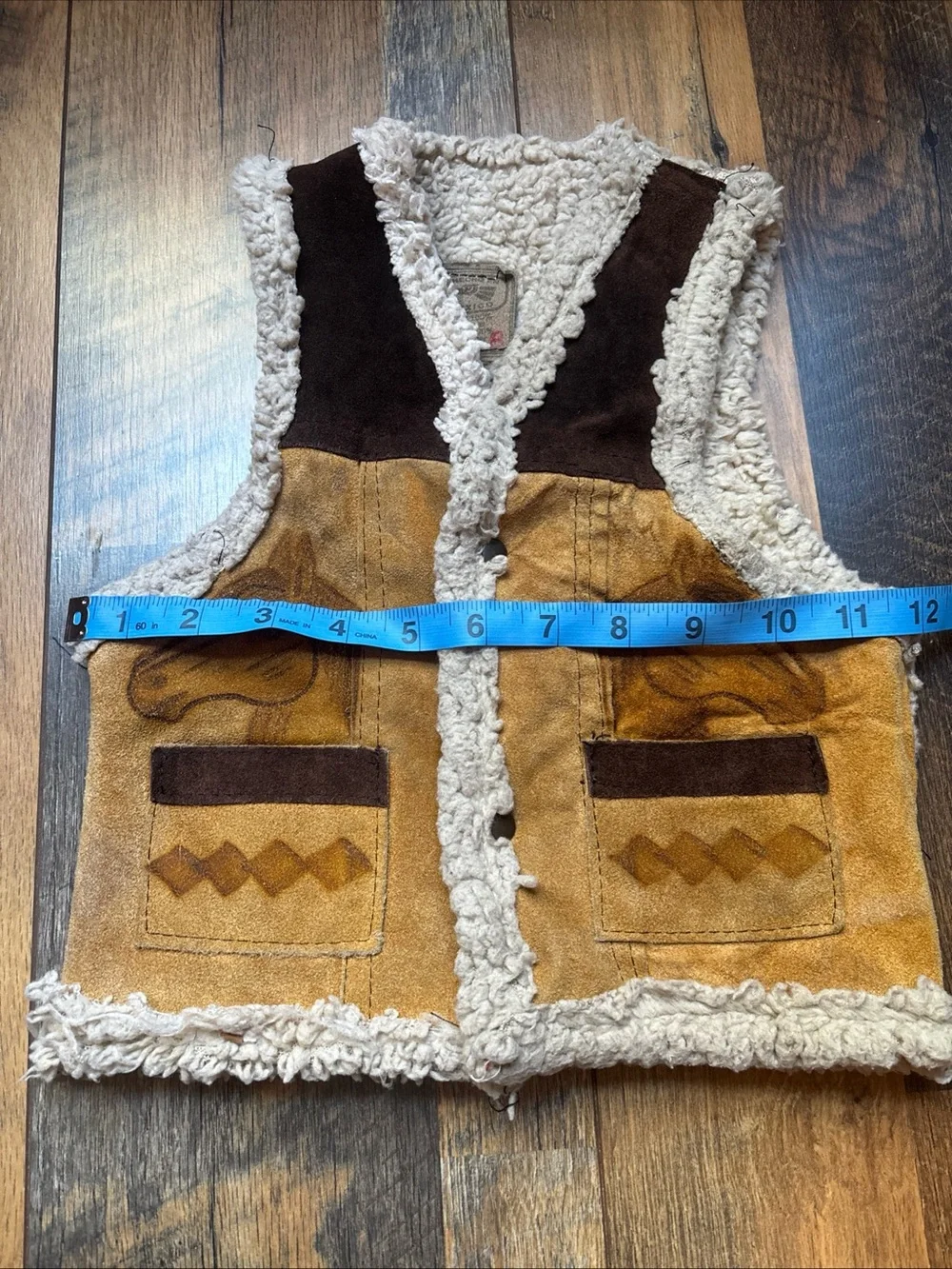 Vtg Mecho Mexican suede leather hand burned horse print Sherpa lined vest S